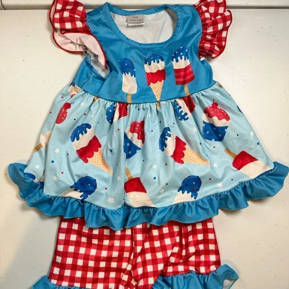 EUC Toddler Girls Lot of Romper & Short Set - Summer July 4th Ruffle Shorts - 2T